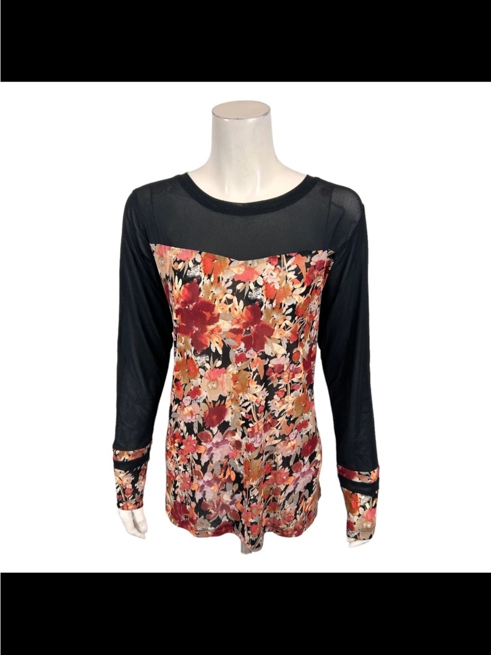 LOGO Layers by Lori Goldstein 1X Floral Sheer Mesh Tunic Top Black Pink Orange - Picture 5 of 15